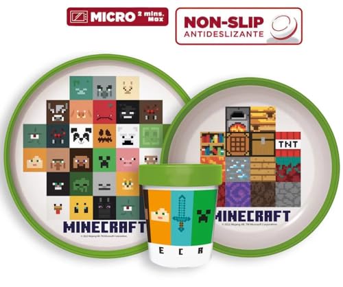 Minecraft rutschfestes Kinder-Geschirr Set mit Teller, Müslischale und Becher