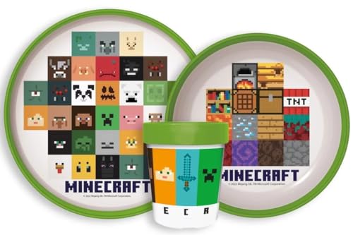 Minecraft rutschfestes Kinder-Geschirr Set mit Teller, Müslischale und Becher