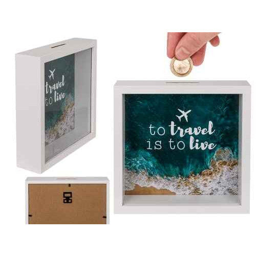 Holz-Spardose, to travel is to live, mit Rahmen, ca. 20 x 20 cm