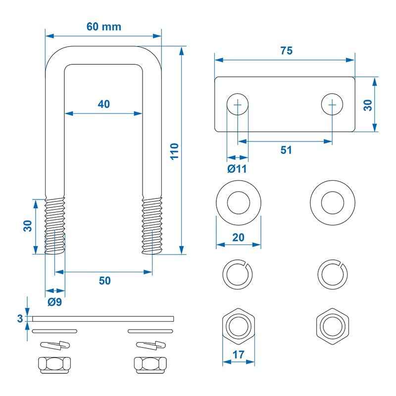 Multibros 4er Set U-Bügel 40mm eckig | M10 Gewinde | 110mm Länge | Verzinkte U-Halterung für Rohre, Profile, Schläuche & Zurrpunkte | Robuste Befestigung für Anhänger, Werkstatt & Heimwerker