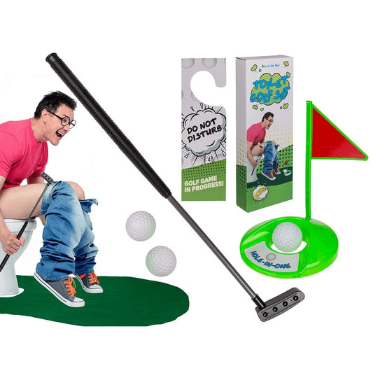 Toiletten-Golf-Set 6-teilig – Lustiges Mini Golf Spiel fürs WC – inkl. Schläger, Ball, Loch, Matte & Türschild – witziges Geschenk für Männer, Golfer & Gäste – Toilet Golf