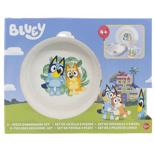 Bluey Kindergeschirr, Teller, Schüssel und Tasse aus Keramik in Geschenkbox