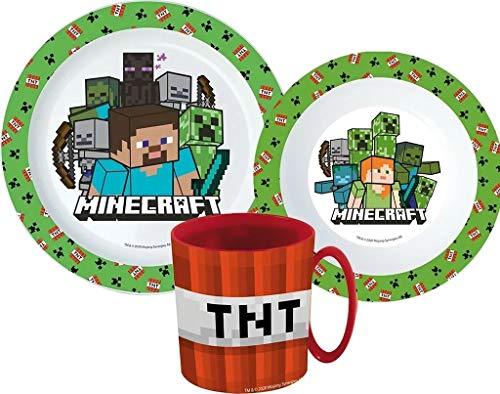 Kinder-Geschirr Set mit Teller, Müslischale und Tasse | Jungen und Mädchen Geschirrset (wiederverwendbar) Minecraft