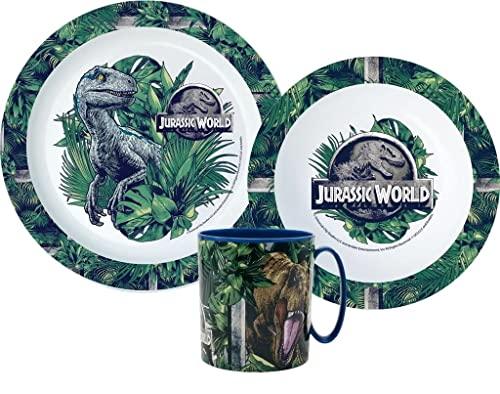 Kinder-Geschirr Set mit Teller, Müslischale und Tasse | Jungen und Mädchen Geschirrset (wiederverwendbar) Jurassic World