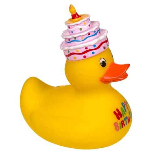 Palleon Quietscheente 10 cm – Witzige Badeente in verschiedenen Motiven (Happy Birthday, Fußball, Cowboy, Hochzeit) – Lustiges Geschenk & Deko – Quietschende Gummiente für Kinder & Erwachsene