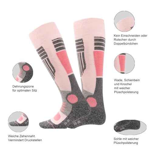 Palleon 4 Paar Damen Skisocken | Thermo Wintersocken mit Polsterung | Warme Kniestrümpfe für Ski, Snowboard, Langlauf & Outdoor