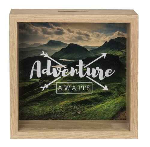Holz-Spardose, Adventure Awaits, mit Rahmen, ca. 20 x 20 cm Grün