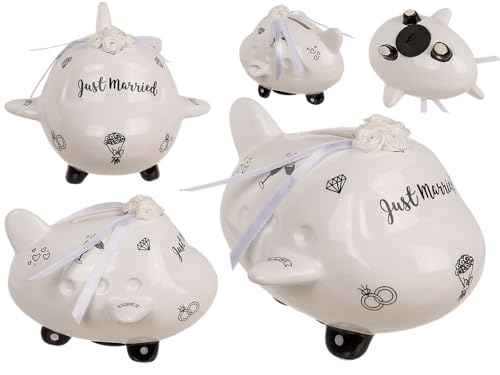 Palleon Hochzeits-Spardose Just Married | Keramik Geldgeschenk für Hochzeit, Verlobung & JGA | Witzige Spardose in Koffer-, Auto- oder Flugzeug-Design | Geschenkidee zur Hochzeit