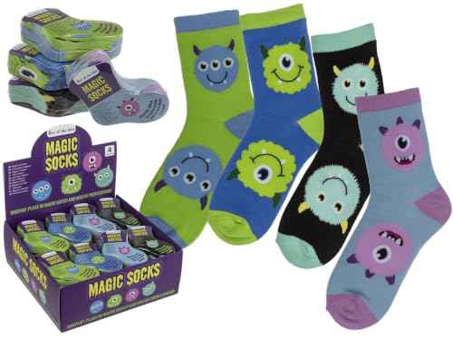 Palleon 4er Pack Magische Kindersocken | Zaubersocken mit Space-, Monster-, Fußball-, Einhorn- & Capybara-Motiven | Größe 22–34 | weich & atmungsaktiv | Geschenkidee für Kinder