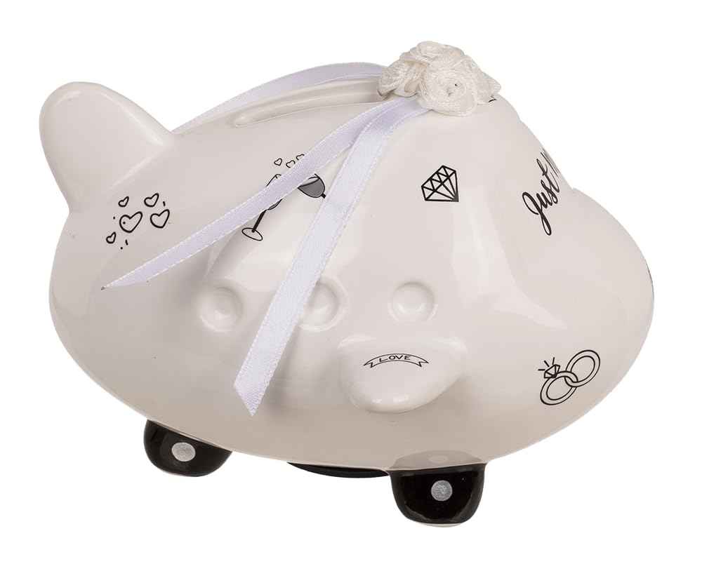 Palleon Hochzeits-Spardose Just Married | Keramik Geldgeschenk für Hochzeit, Verlobung & JGA | Witzige Spardose in Koffer-, Auto- oder Flugzeug-Design | Geschenkidee zur Hochzeit