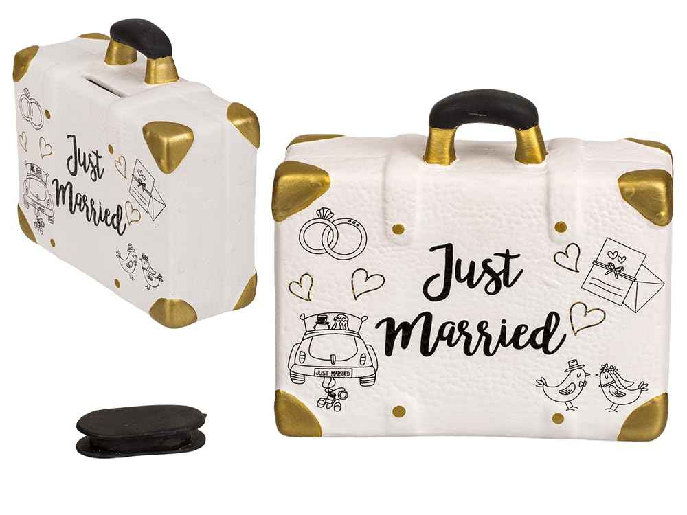 Palleon Hochzeits-Spardose Just Married | Keramik Geldgeschenk für Hochzeit, Verlobung & JGA | Witzige Spardose in Koffer-, Auto- oder Flugzeug-Design | Geschenkidee zur Hochzeit
