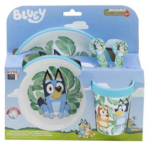 Stor Bluey 5-teiliges zweifarbiges Premium-Geschirr-Set für Kinder, Frühstück, Mittagessen, Abendessen, Teller, Schüssel und Becher, BPA-frei, rutschfest, Kinder, Baby