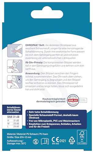 OHROPAX Soft Ohrstöpsel – IN-Ohr-Stöpsel aus weichem Schaumstoff – besonders unauffällig und bequem – Schalldämmwert SNR 31 dB – ideal zum Entspannen, Schlafen und Arbeiten – 10 Stück
