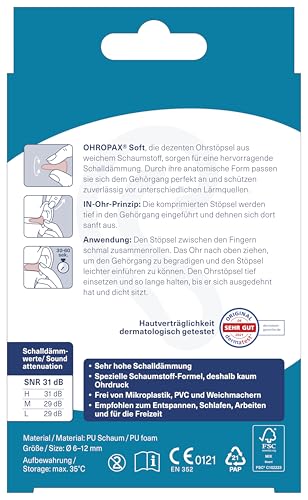 OHROPAX Soft Ohrstöpsel – IN-Ohr-Stöpsel aus weichem Schaumstoff – besonders unauffällig und bequem – Schalldämmwert SNR 31 dB – ideal zum Entspannen, Schlafen und Arbeiten – 10 Stück