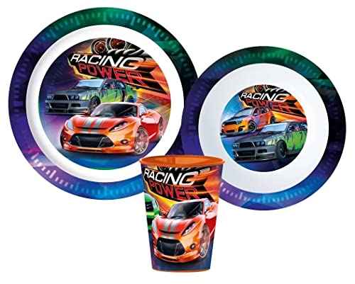 Racing Power Kinder-Geschirr Set mit Teller, Müslischale und Becher