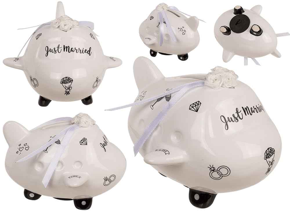 Palleon Hochzeits-Spardose Just Married | Keramik Geldgeschenk für Hochzeit, Verlobung & JGA | Witzige Spardose in Koffer-, Auto- oder Flugzeug-Design | Geschenkidee zur Hochzeit