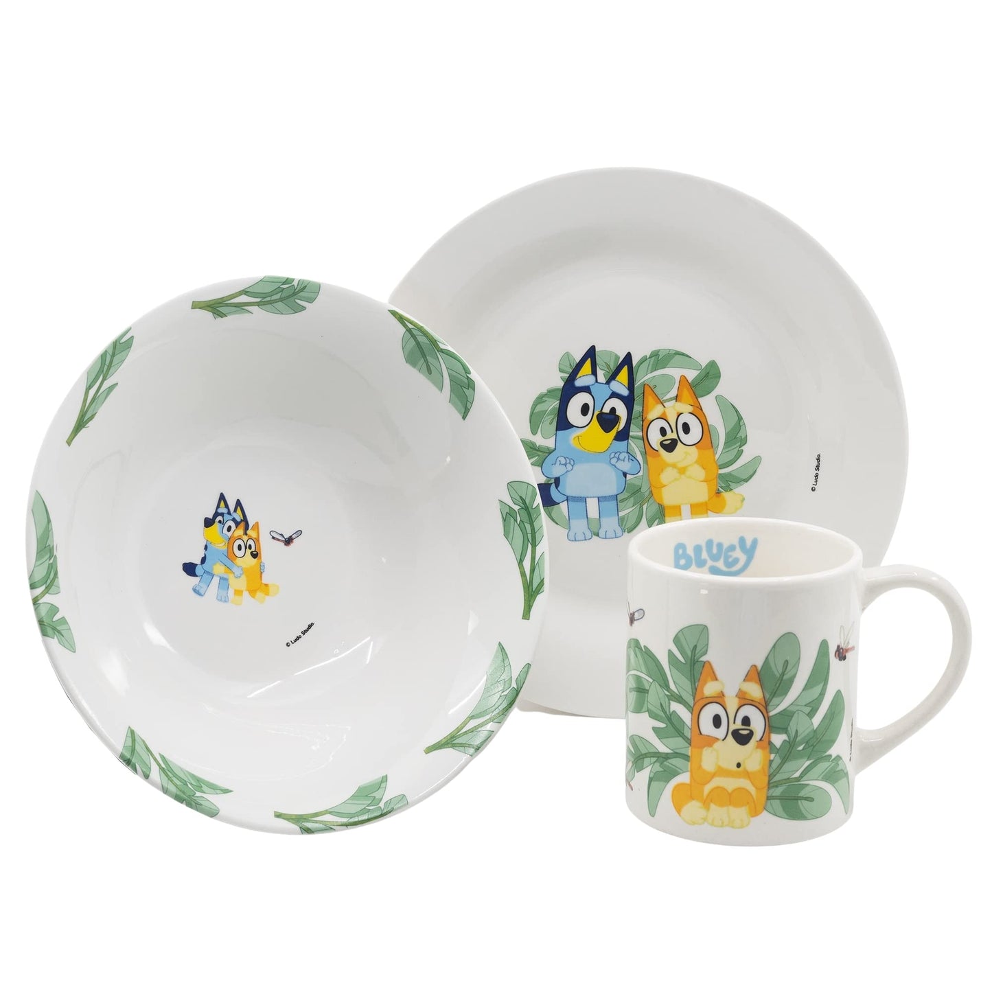 Bluey Kindergeschirr, Teller, Schüssel und Tasse aus Keramik in Geschenkbox