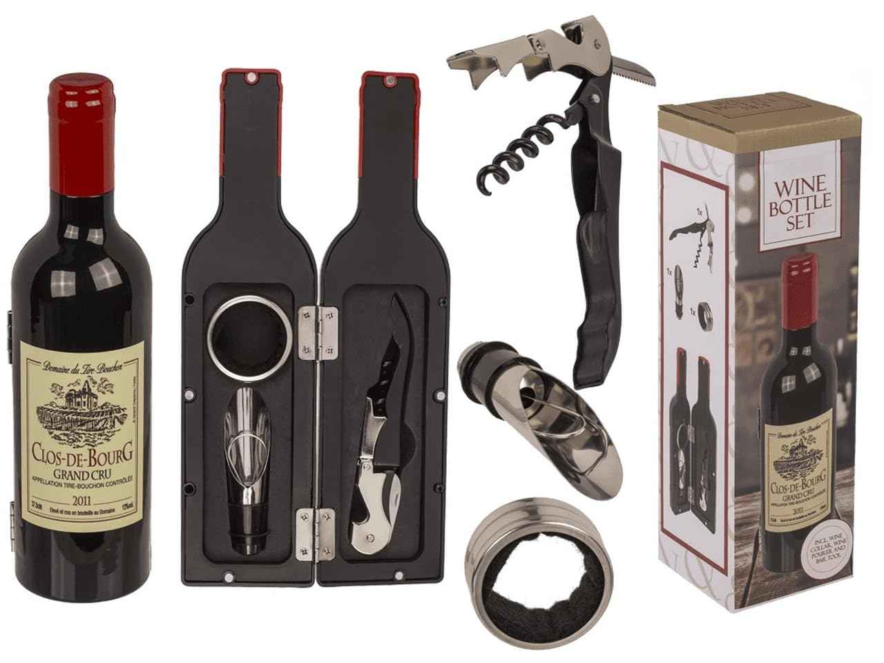 Palleon Weinflaschen-Set 5-teilig – Weinzubehör in Weinflaschen-Design | Korkenzieher, Ausgießer, Tropfring & Verschluss | Sommelier Set in Geschenkverpackung