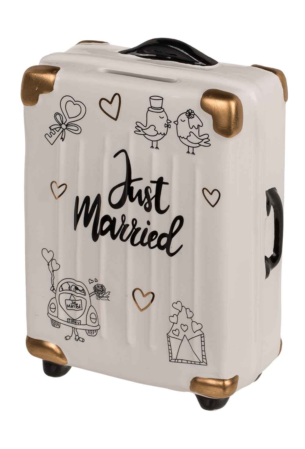 Palleon Hochzeits-Spardose Just Married | Keramik Geldgeschenk für Hochzeit, Verlobung & JGA | Witzige Spardose in Koffer-, Auto- oder Flugzeug-Design | Geschenkidee zur Hochzeit