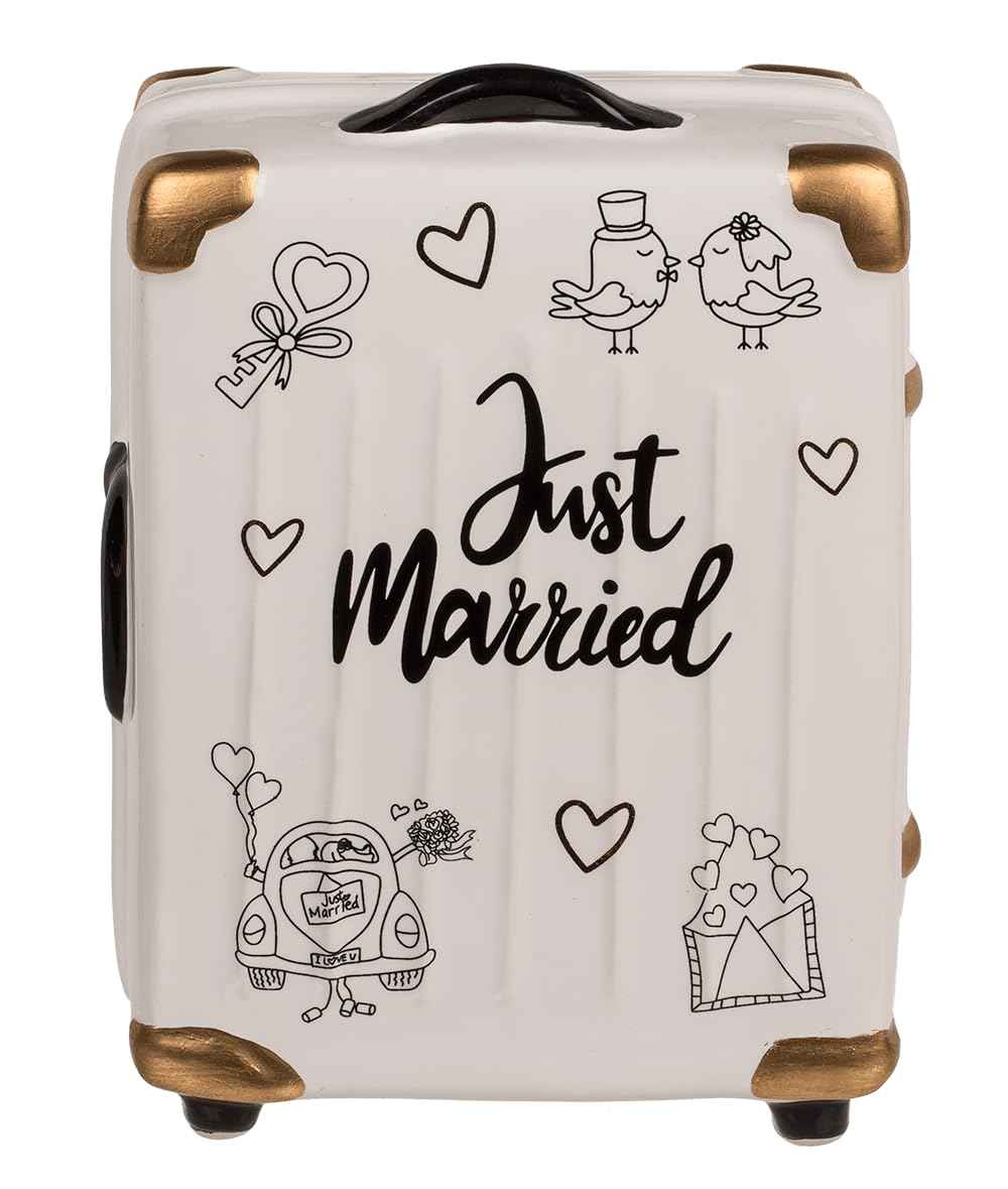 Palleon Hochzeits-Spardose Just Married | Keramik Geldgeschenk für Hochzeit, Verlobung & JGA | Witzige Spardose in Koffer-, Auto- oder Flugzeug-Design | Geschenkidee zur Hochzeit