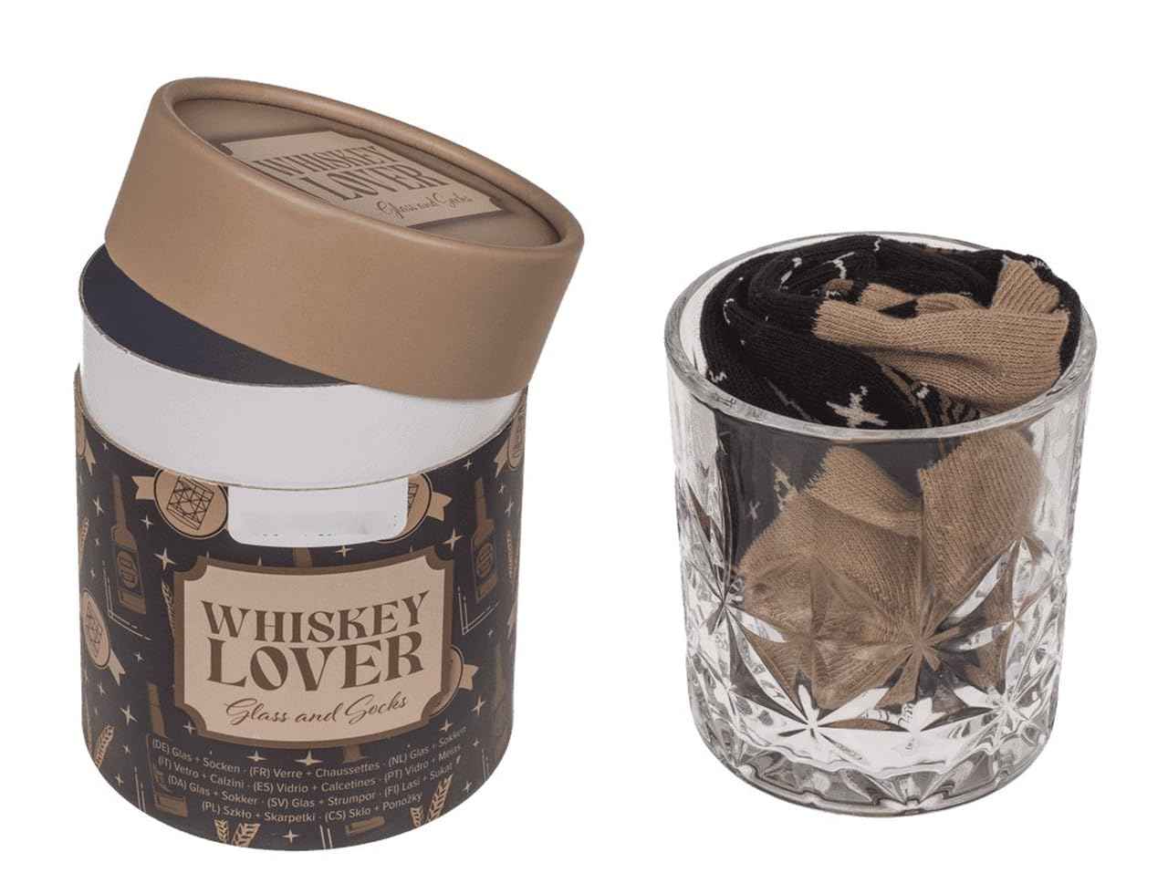 Palleon Socken & Trinkglas Geschenkset in Tube Box – 1 Paar Socken + Glas (280 ml) | Whiskey Gin Rum Lover Geschenk | Einheitsgröße 36–42