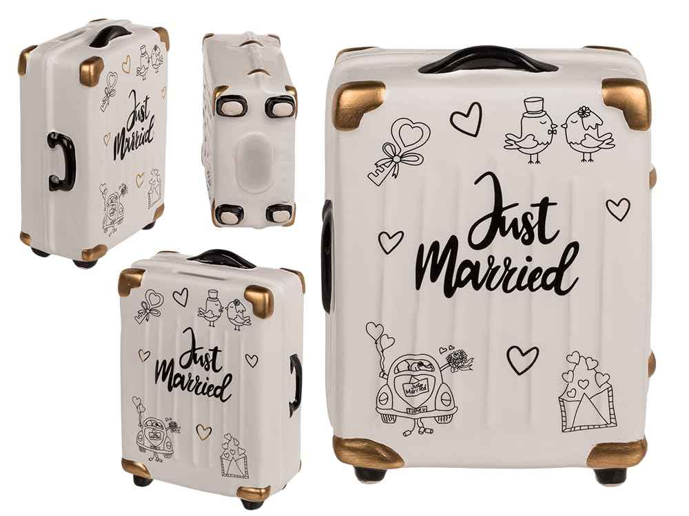 Palleon Hochzeits-Spardose Just Married | Keramik Geldgeschenk für Hochzeit, Verlobung & JGA | Witzige Spardose in Koffer-, Auto- oder Flugzeug-Design | Geschenkidee zur Hochzeit