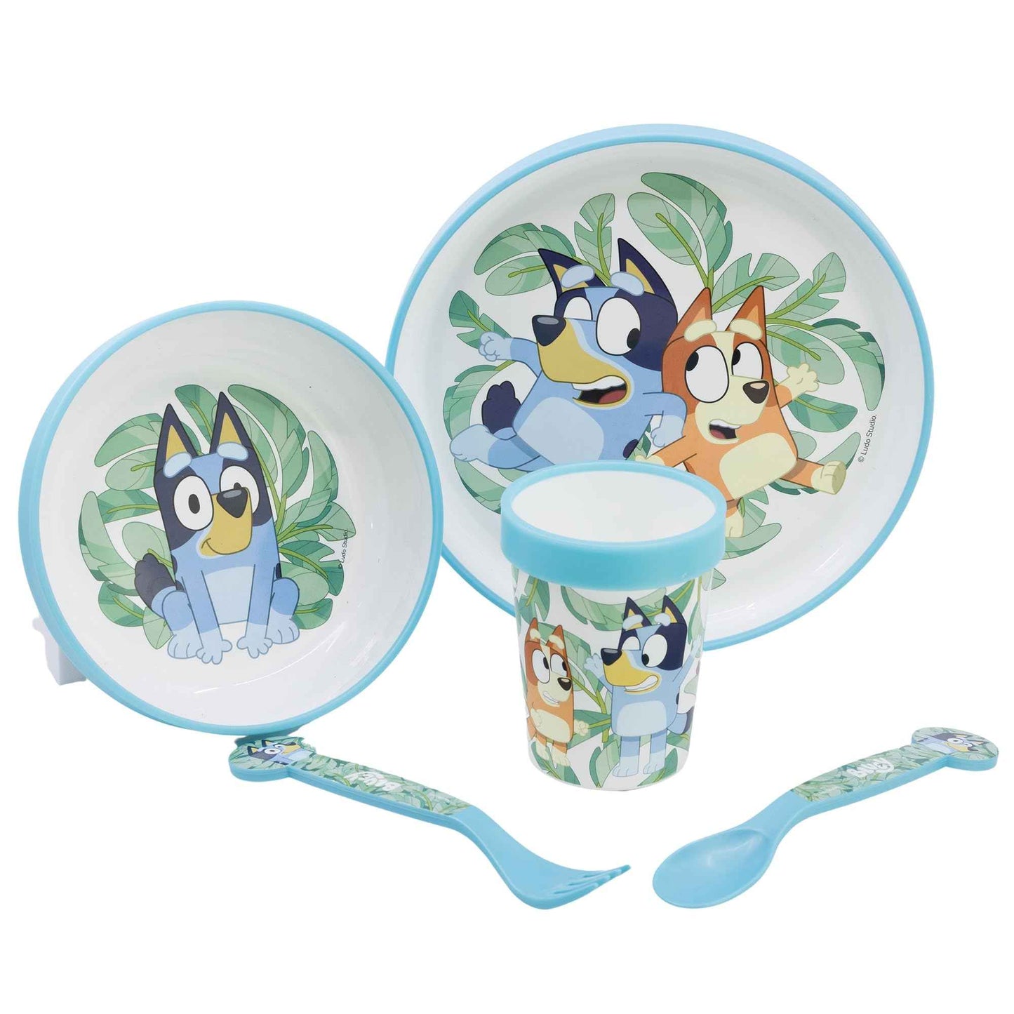 Stor Bluey 5-teiliges zweifarbiges Premium-Geschirr-Set für Kinder, Frühstück, Mittagessen, Abendessen, Teller, Schüssel und Becher, BPA-frei, rutschfest, Kinder, Baby
