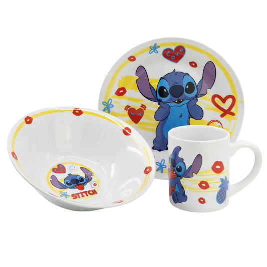 Kindergeschirr Set aus Teller, Schüssel und Tasse aus Keramik in Geschenkbox von Stitch