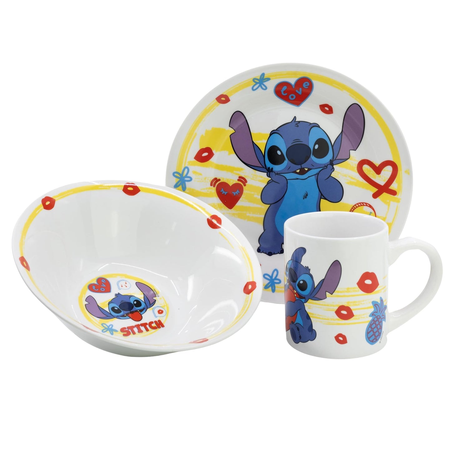 Kindergeschirr Set aus Teller, Schüssel und Tasse aus Keramik in Geschenkbox von Stitch