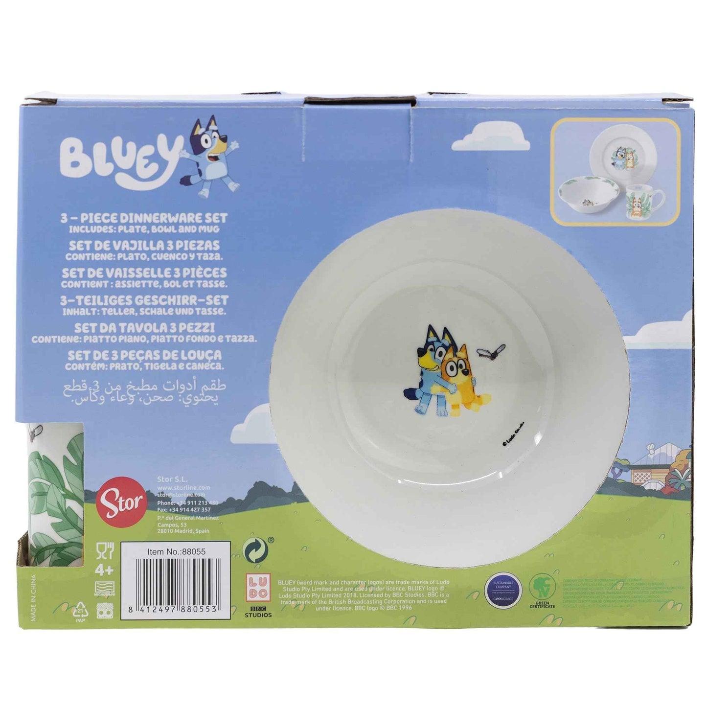 Bluey Kindergeschirr, Teller, Schüssel und Tasse aus Keramik in Geschenkbox