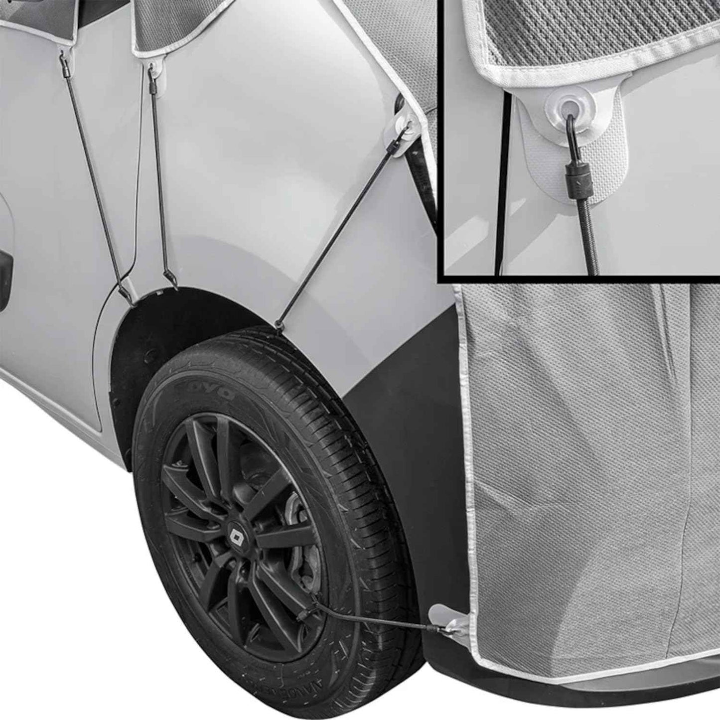 Frontscheiben Abdeckung kompatibel für Verschiedene Marken – Abdeckplane für Wohnwagen mit UV-Schutz 160 GSM Vliesstoff, Spiegelschlitzen & Spanngurten
