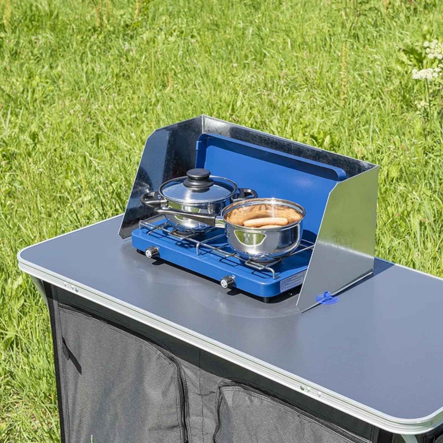Windschutz Gaskocher Grills L 38/73 x T 27 x H 24 cm Spritzschutz mit Tasche für Gaskocher Breite 38,5-73cm, Optimaler Campingkocher Spritzschutz für Campingküche oder Küche Inkl. Tasche