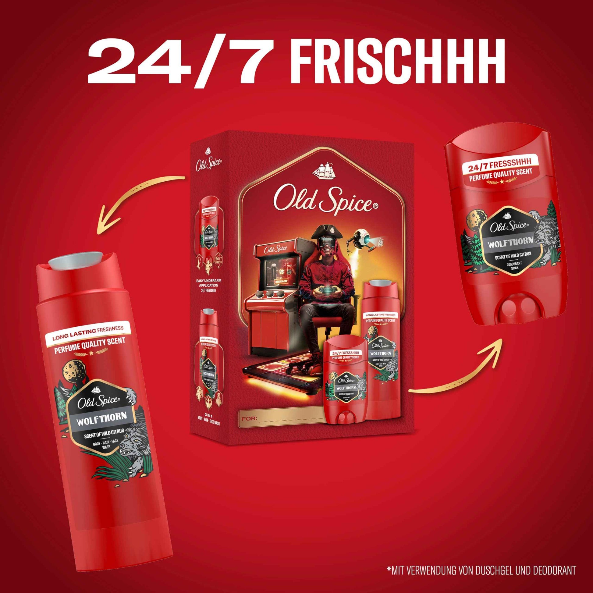 Old Spice Gamer Geschenkset für Männer mit Wolfthorn Deostick und Duschgel, 24/7 Frischhh bei täglicher Anwendung, langanhaltender Duft in Parfumqualität