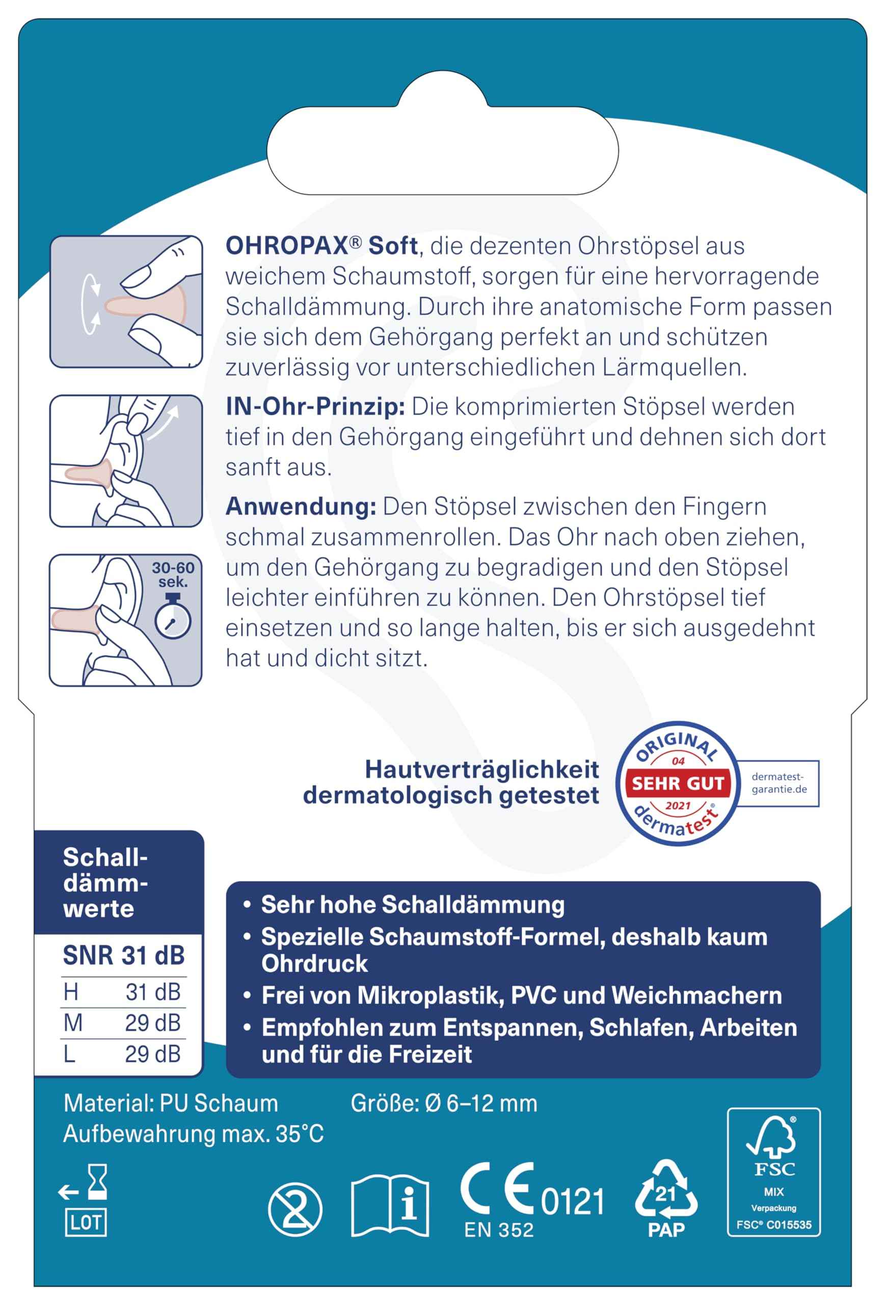 OHROPAX Soft Ohrstöpsel – IN-Ohr-Stöpsel aus weichem Schaumstoff – besonders unauffällig und bequem – Schalldämmwert SNR 31 dB – ideal zum Entspannen, Schlafen und Arbeiten – 10 Stück