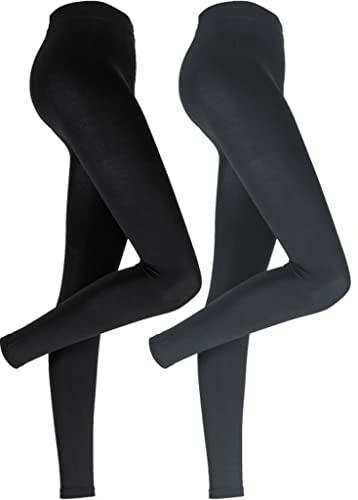 2er Pack Damen Thermo Leggings mit Innenfleece weich | warm | Baumwolle Uni Thermoleggings Schwarz + Grau Regulär S-M
