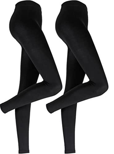 2er Pack Damen Thermo Leggings mit Innenfleece weich | warm | Baumwolle Uni Thermoleggings Schwarz Regulär L-XL
