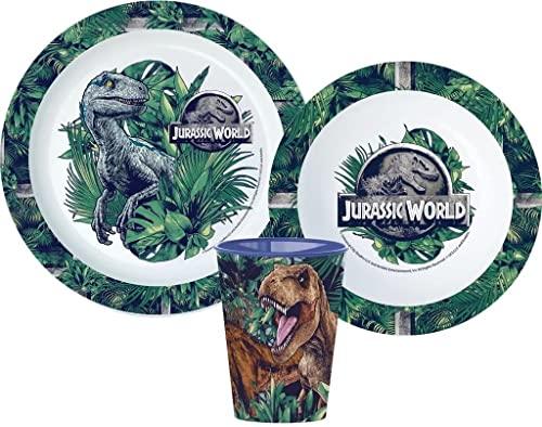Jurassic Kinder-Geschirr Set mit Teller, Müslischale und Becher Dino (wiederverwendbar)