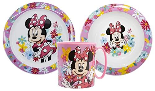 Minnie Kinder-Geschirr Set mit Teller, Müslischale, Tasse (wiederverwendbar)
