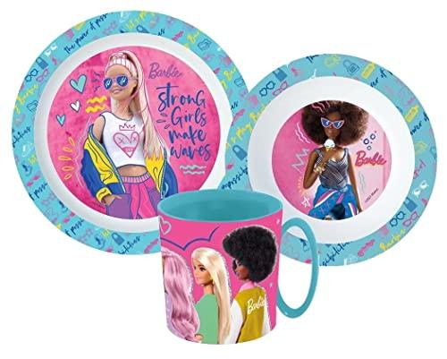 Kinder-Geschirr Set mit Teller, Müslischale und Tasse | Jungen und Mädchen Geschirrset (wiederverwendbar) Barbie