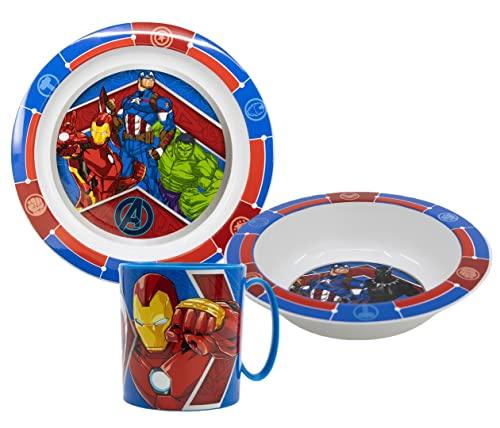 Avengers Kinder-Geschirr Set mit Teller, Müslischale, Tasse (wiederverwendbar)