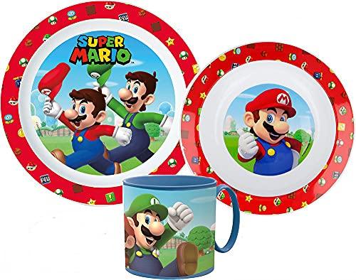 Super Mario Kinder-Geschirr Set mit Teller, Müslischale und Trinkbecher (wiederverwendbar)