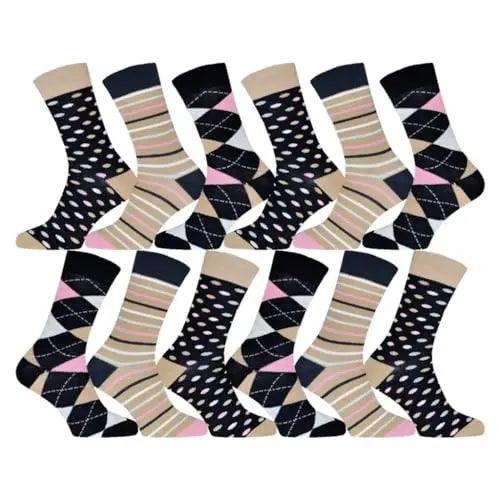 12 Paar Damen Socken | Frauen schwarz karo Baumwolle Strümpfe mehrfarbig 3 35-38