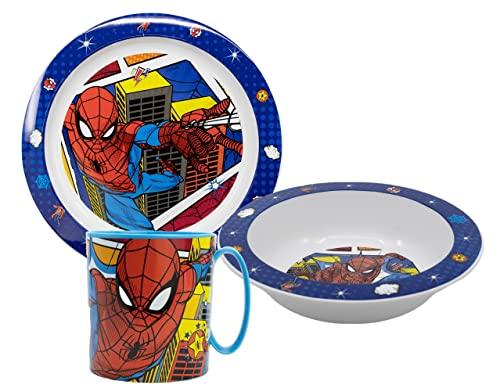 Spiderman Kinder-Geschirr Set mit Teller, Müslischale, Tasse (wiederverwendbar)