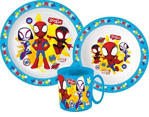 Spiderman Kinder-Geschirr Set mit Teller, Müslischale und Tasse (wiederverwendbar)